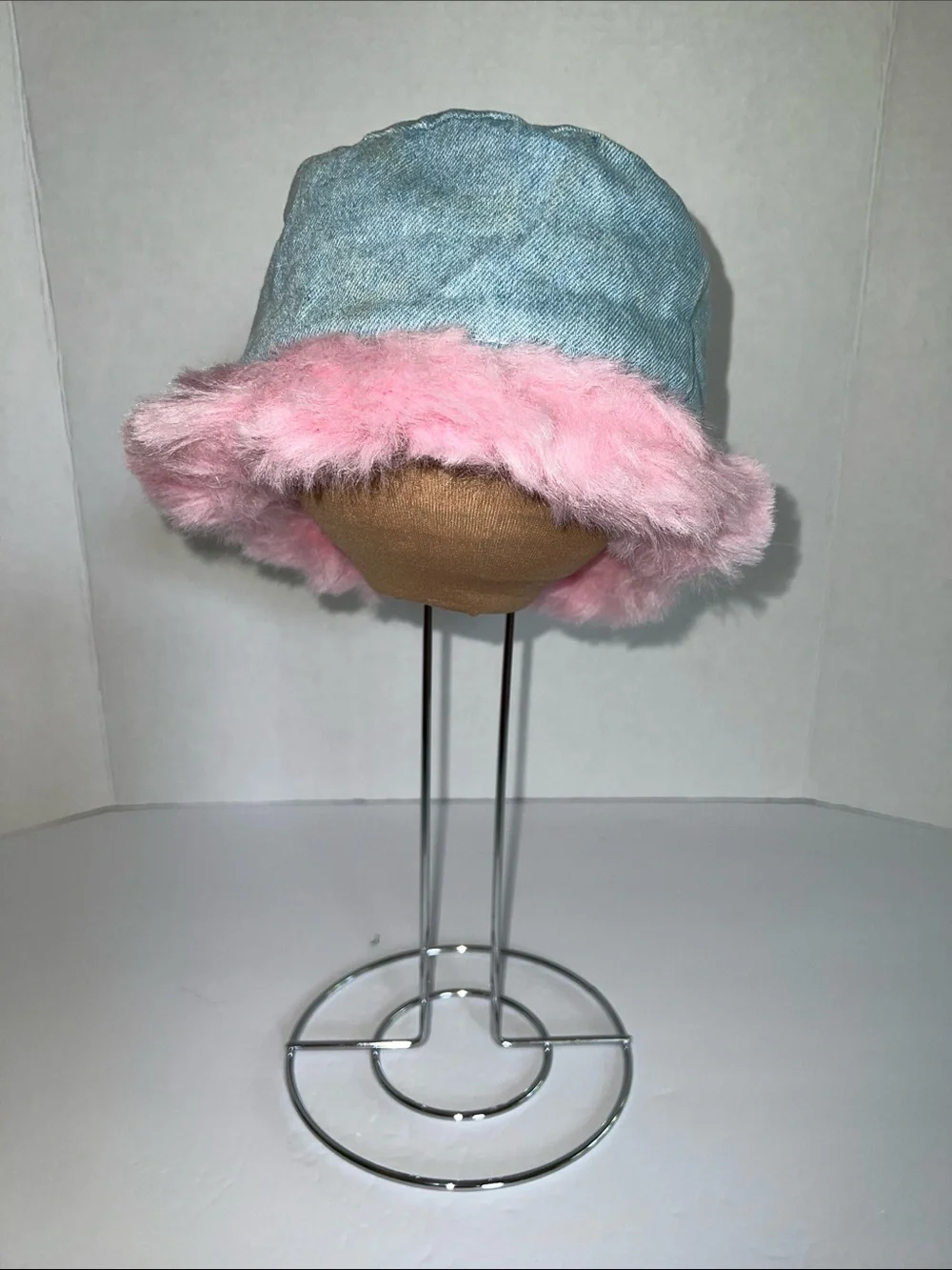 Kids Blue Denim Bucket Hat with Pink Faux Fur Trim
